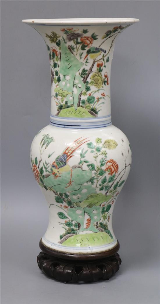 A Chinese famille verte yen-yen vase, Kangxi period, on hardwood stand height 44cm, some damage